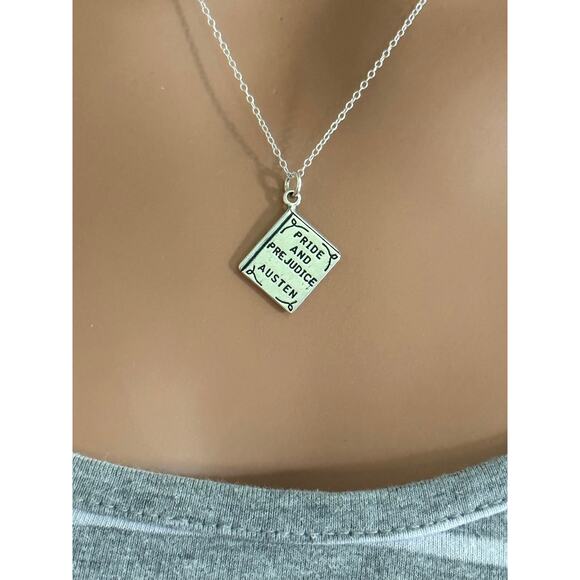 Sterling Silver Oxidized 3D Pride and Prejudice Book Necklace - Picture 1 of 5